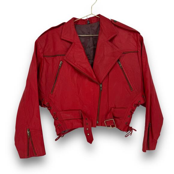 Vintage Cherry Red Leather Cropped Motorcycle Jacket Belt Size 38 - Picture 11 of 11